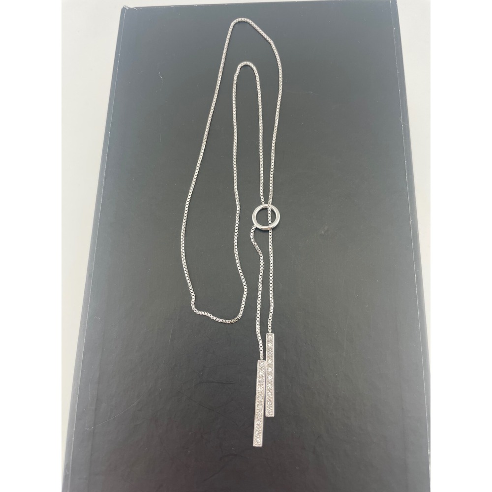 Sterling Silver CZ Lariat Y Necklace Adjustable Box‎ Chain Pavé Bar Drop Pendant - Picture 7 of 10